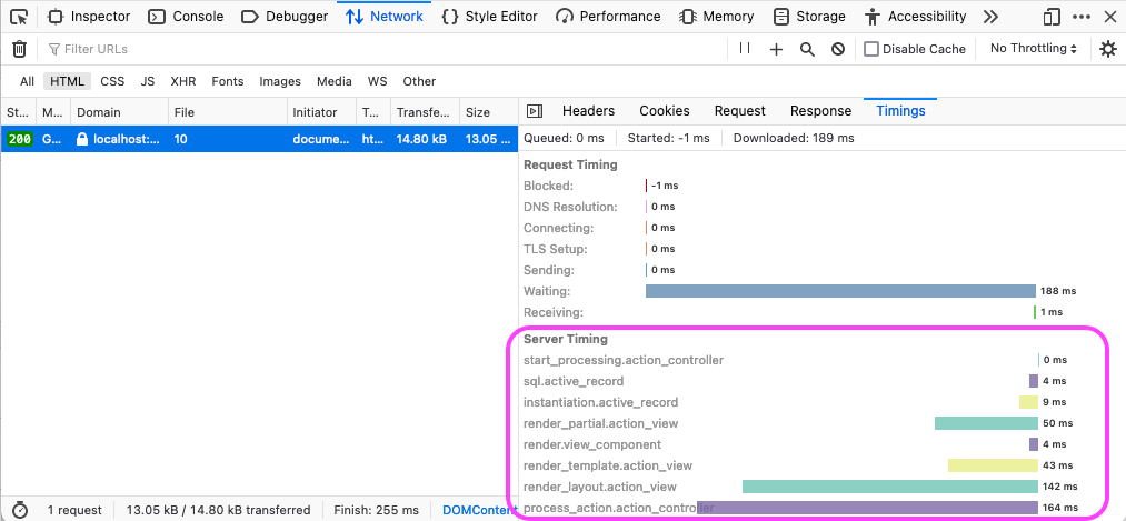 Browser showing the Server Timing data in the browser dev tools